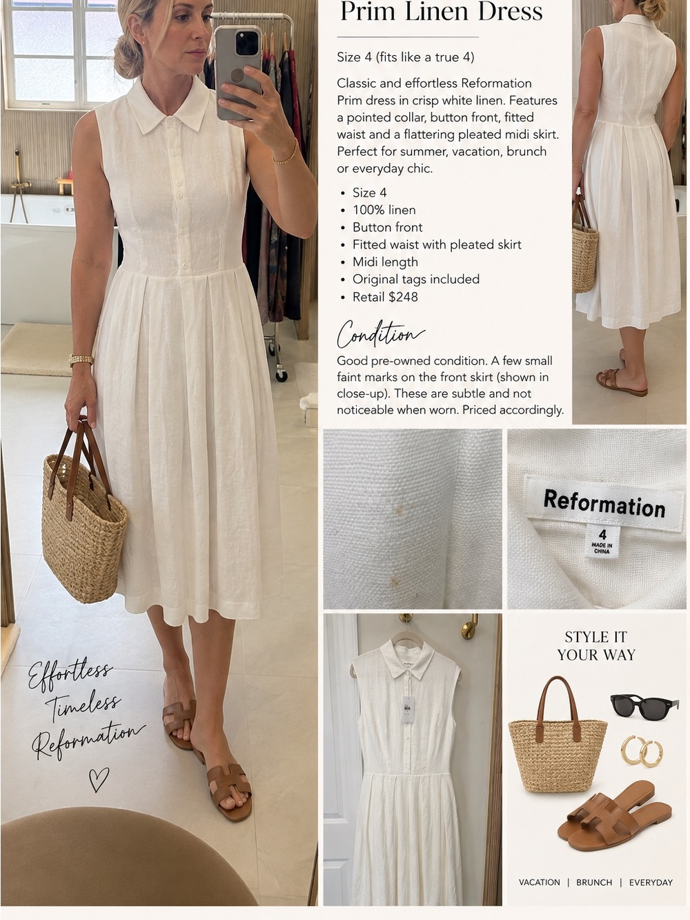 Reformation White Sleeveless Prim Linen Midi Dress